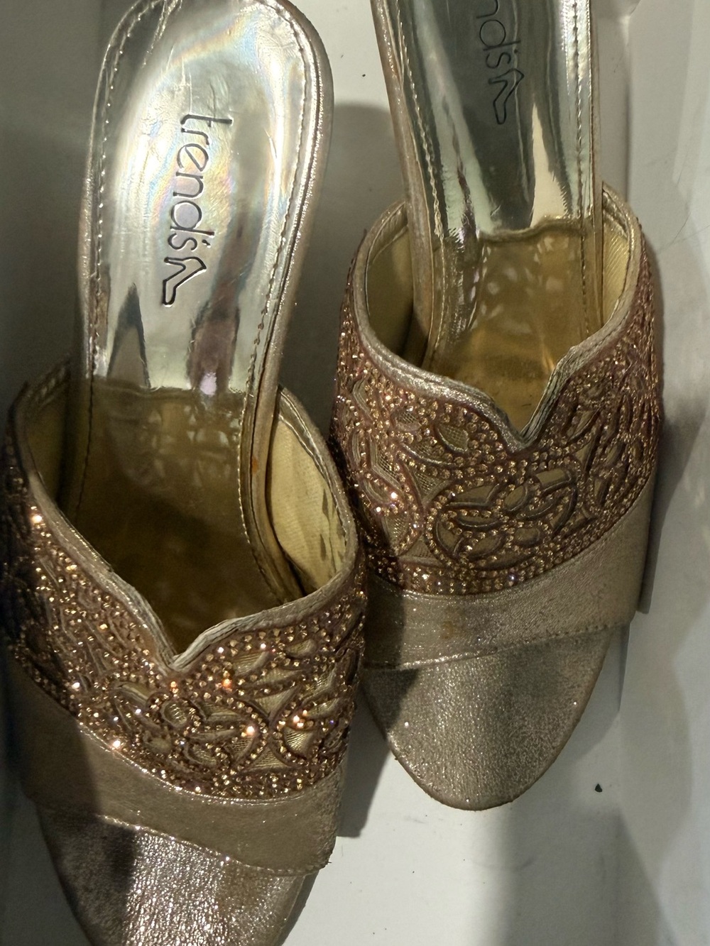Trends Gold Beaded Peep-Toe Mules